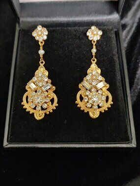 Erica Koesler Pear‑Shaped Filigree Drop Earrings - 2” Elegant Gold Tone - Bridal